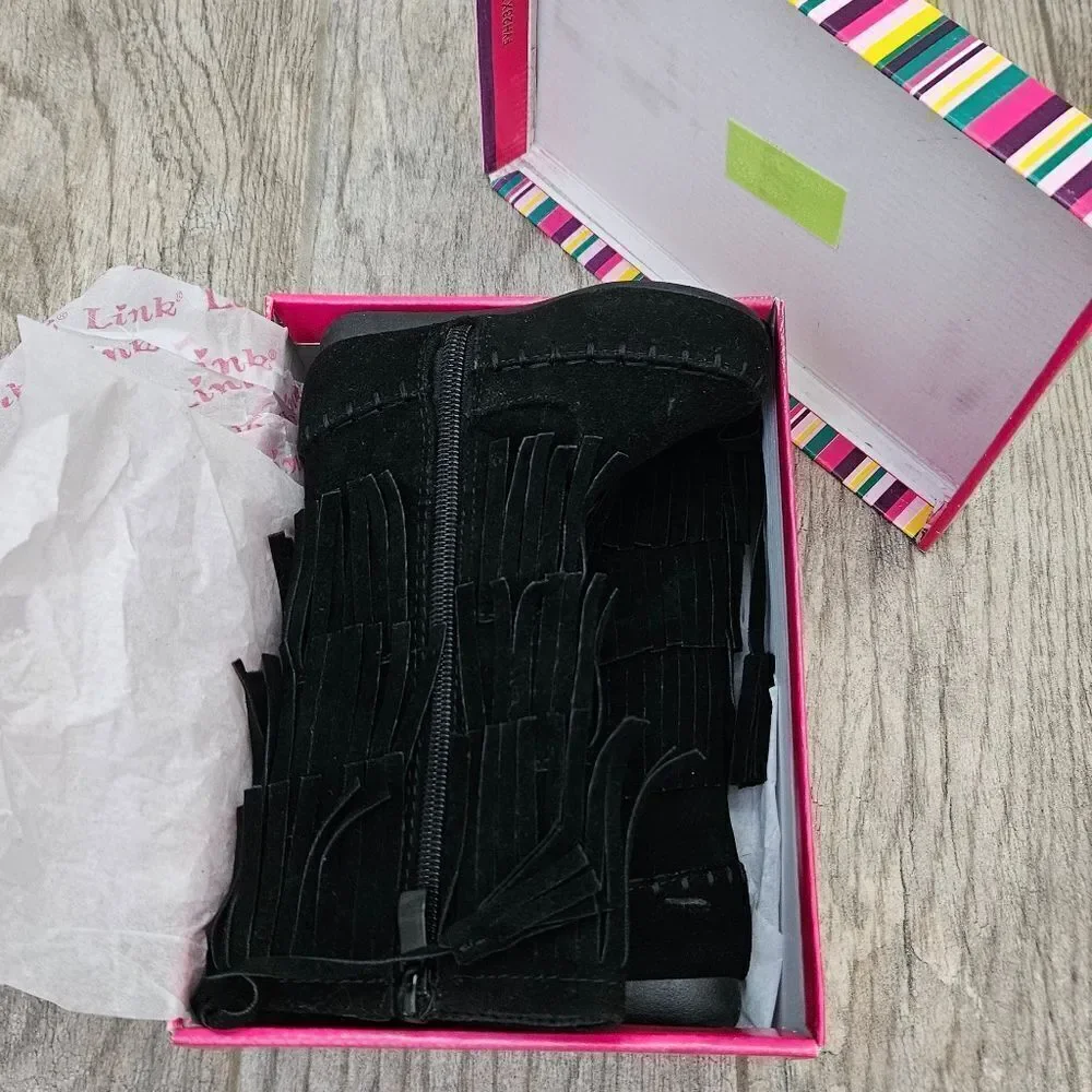Link Candice 16KA Black Faux Suede Fringe Mid Calf Boots Size 5T